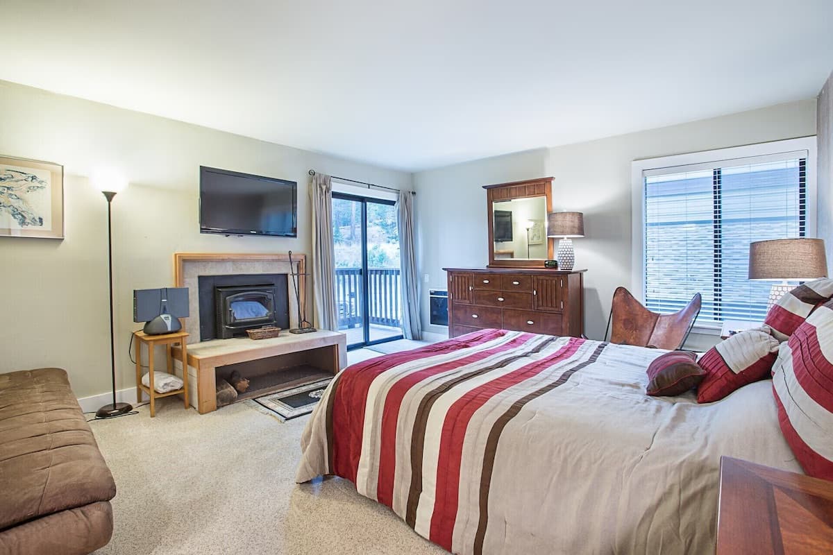 Master bedroom with fireplace and TV
